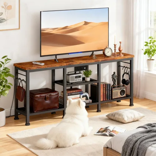Miniatura 7 de LUCKLIFE Soporte de TV con estación de carga para televisores de hasta 55 pulgadas, centro de entretenimiento de madera rústica con estantes