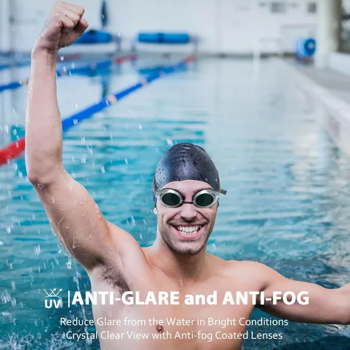Miniatura 4 de Landhoow 3 gafas de natación para adultos para hombres y mujeres, anti UV, antiniebla, con espejo de carrera con 6 puentes nasales y 3 correas