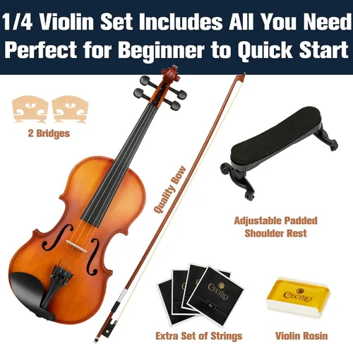 Miniatura 6 de Mendini 1/2 MV Violín de madera maciza con estuche rígido, soporte para los hombros, arco, colofonia y cuerdas adicionales