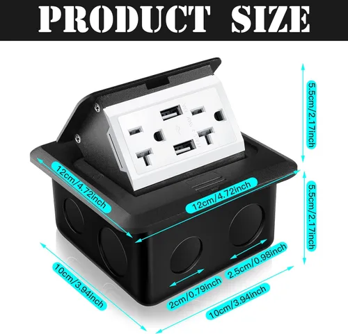 Miniatura 2 de Hoolerry Kit de 1 caja de cubierta de toma de corriente eléctrica de piso desplegable con cargador USB de 4.8 A, 20 amperios, impermeable