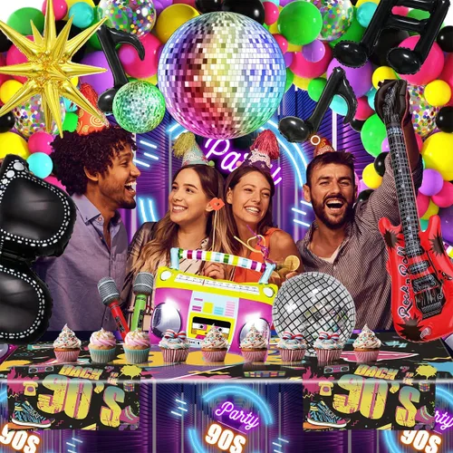 Miniatura 6 de JOGAMS Decoraciones de fiesta de los 80 y 90 165 piezas Globos con guitarra inflable retro, micrófono, anteojos, nota musical, globos de bola