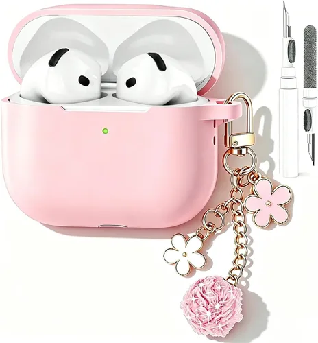 Miniatura 40 de Bonita funda negra para Airpods de 2ª/1ª generación para niñas y mujeres, con llavero de pompón de flores y kit de limpieza, funda protectora tipo
