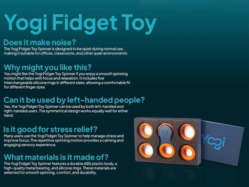 Miniatura 6 de Yogi Fidget Toy para adultos y niños – Juguete sensorial para aliviar el estrés con 5 anillos de silicona para los dedos – Fidget silencioso