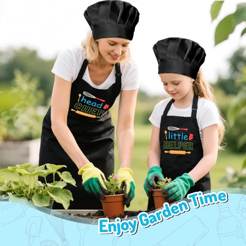 Miniatura 6 de R HORSE Juego de delantal y gorro de chef para adultos y niños - 4 piezas, delantal y gorro de cocina ajustables para padres e hijos, juguete