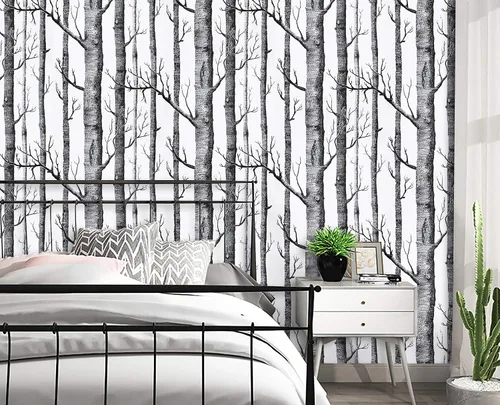 Miniatura 2 de Papel tapiz de árbol de abedul de 17.7" x 118" despegar y pegar para dormitorio/sala de estar papel contact negro removible autoadhesivo papel