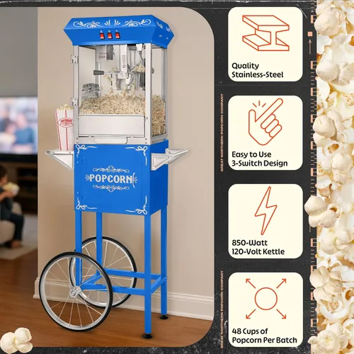 Miniatura 2 de Máquina para hacer palomitas de maíz con carrito, hervidor de acero inoxidable de 8 onzas que hace hasta 48 tazas, estilo cine, estilo vintage