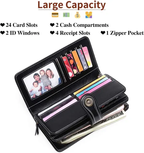 Miniatura 3 de SENDEFN - Cartera de cuero genuino para mujer con correa, 24 ranuras para tarjetas, 2 compartimentos para tarjetas de identificación, ventanas