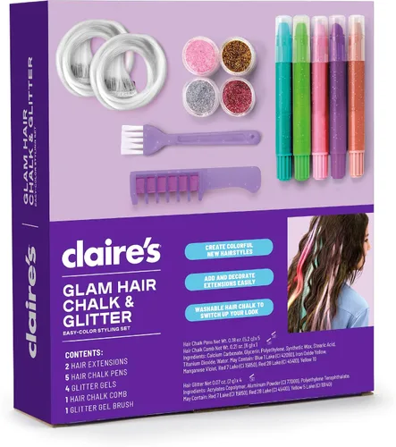 Miniatura 7 de Claire's Kit de peinado de tiza para el cabello y purpurina, juego de 13 piezas de color temporal para el cabello con bolígrafos de tiza lavables