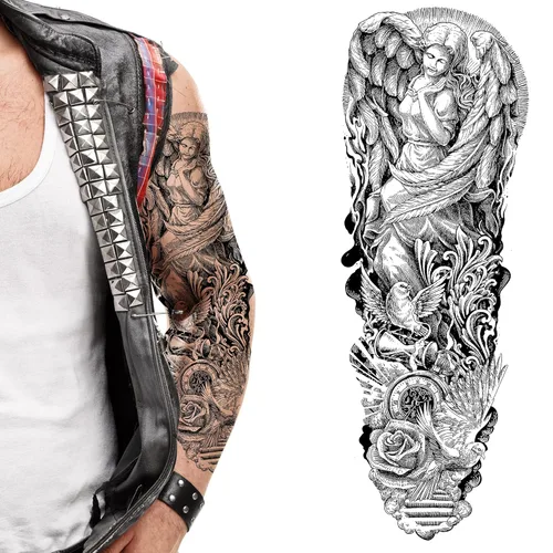 2 x tatuaje temporal brazo completo ángel paloma palo en el cuerpo transferencia Halloween adulto temp pegatina motero rockero punk 80's ángel
