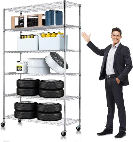 Estantería de alambre NSF resistente para oficina, sótano, cocina, estantes de almacenamiento de metal ajustables con ruedas de 48 x 18 x 82