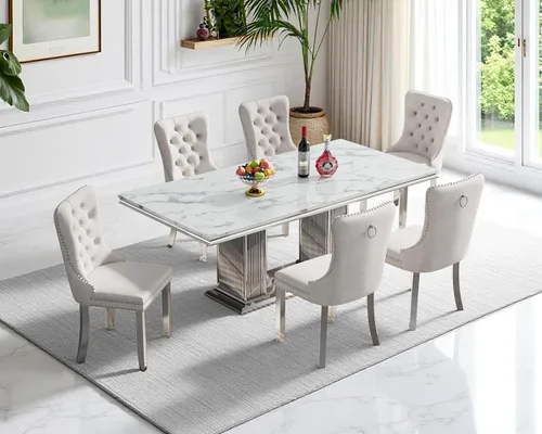 Miniatura 11 de Henf Juego de mesa de comedor de mármol sintético de 68 pulgadas para 6, juego de mesa de comedor de 7 piezas con 6 sillas copetudas de terciopelo