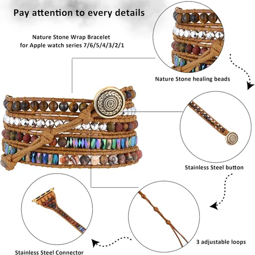 Miniatura 4 de Pulsera bohemia con cuentas compatible con correas de Apple Watch para mujer, hecha a mano con piedra natural, multicapa, correa bohemia con cuentas