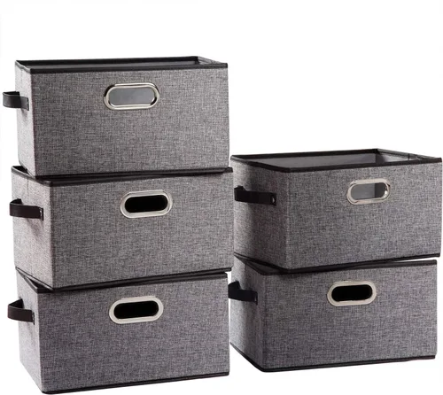 Miniatura 8 de PRANDOM Contenedores de almacenamiento plegables más grandes para clóset [5 unidades] cestas decorativas de tela de lino con asas de cuero y metal