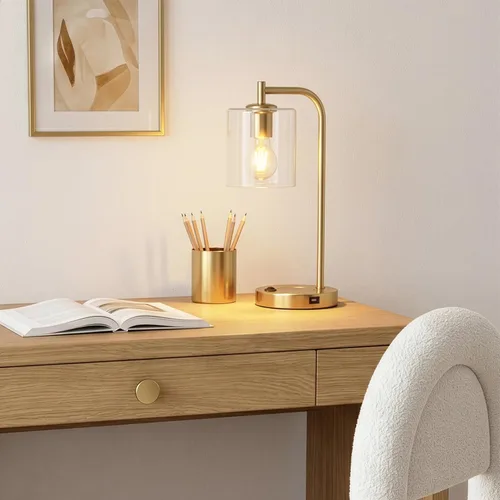 Miniatura 3 de Brightech Elizabeth - Lámpara de mesa con almohadilla de carga inalámbrica y puerto USB, lámpara de lectura de noche, lámpara de escritorio dorada