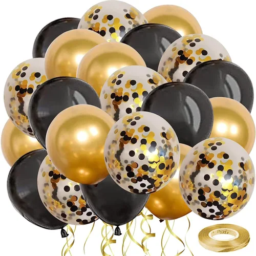 Globos de látex de confeti negro y dorado, 50 piezas de 12 pulgadas, globos dorados metálicos y negros para decoraciones de fiesta de cumpleaños,