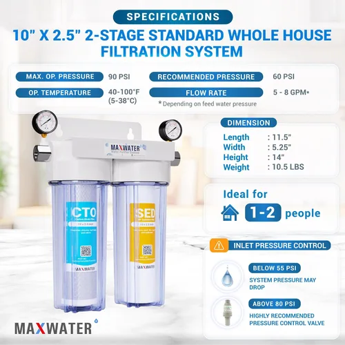 Miniatura 2 de Max Water 2 Etapas (Sedimento, Olor y Mejora del Sabor) Sistema de Filtración de Agua Estándar para Toda la Casa de 10 Pulgadas con Manómetro