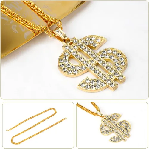 Miniatura 3 de Hip Hop Cadena de oro larga chapada en oro, accesorios para hombre, collares con signo de dólar, collar de dinero, cadena de oro falsa