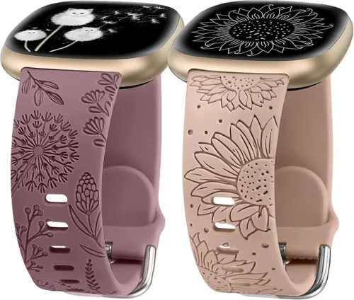 Minyee Paquete de 2 correas grabadas florales compatibles con Fitbit Versa 4/Versa 3/Sense 2/Sense Band para mujer, lindo diseño de girasol de