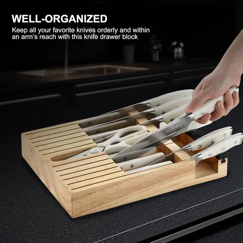 Miniatura 4 de N NOBLE FAMILY Juego de bloque de cuchillos para cajón, juego de 16 piezas de cuchillos de cocina con bloque de madera, juego de cuchillos de corte