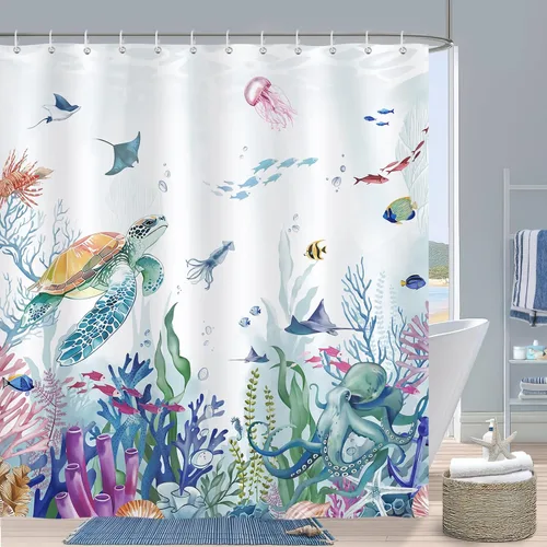 Miniatura 8 de Bonhause - Cortina para ducha de medusa, cortina de baño de tortuga azul teja y mar azulado, diseño costero de playa, de 72 x 72 pulgadas