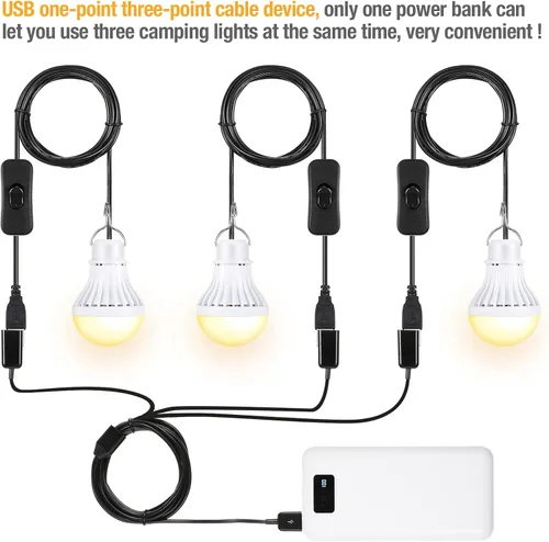 Miniatura 4 de Tuanse 3 bombillas LED USB, luces de campamento portátiles de 5 W con cable divisor USB de 1 a 3, cable de 8.2 pies de longitud extra para tienda