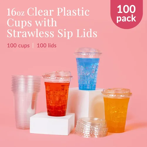 Miniatura 2 de Prestee 100 tazas de café helado desechables transparentes con tapas, 16 onzas, vasos de plástico con tapas sin pajilla, taza duradera