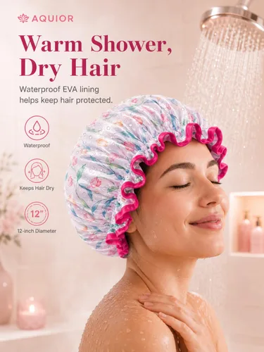 Miniatura 6 de Aquior Gorro de ducha para mujer, impermeable, reutilizable, con elástico suave, tamaño grande para cabello largo, bonito gorro de baño para ducha