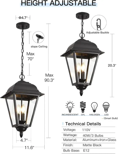Miniatura 4 de Lámpara colgante para exteriores, 3 luces colgantes para exteriores, lámpara colgante extra grande para exteriores con vidrio transparente