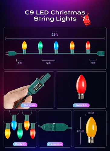 Miniatura 3 de Brightown C9 luces LED de Navidad para exterior, 7.62 m 7.62 luces de cadena multicolores conectables C9 para árbol de Navidad, patio, tejado