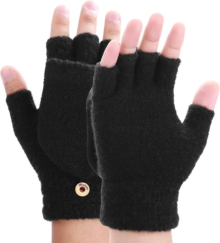 Miniatura 18 de THINP Guantes sin dedos para mujeres y hombres, guantes de invierno, guantes de lana cálida de punto sin dedos con tapa, guantes convertibles