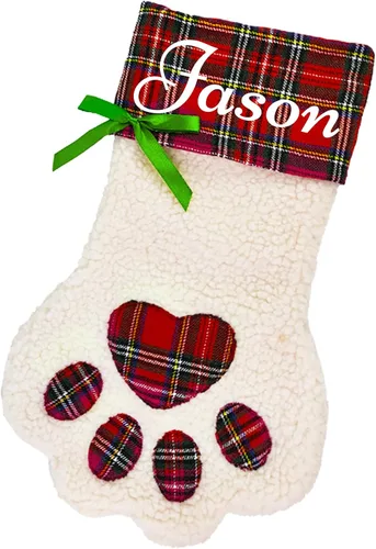Calcetines de Navidad personalizados para perros, patas de perro con nombre, sherpa sintético blanco con puño a cuadros rojos y detalles de hueso de