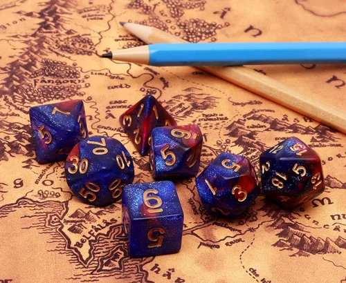 Miniatura 4 de Juego de dados DND de brillo azul y rojo para juegos de rol de Calabozos y Dragones, Warhammer, D&D, juegos de mesa, dados poliédricos Rojo mezclado