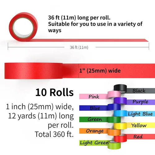 Miniatura 2 de CHIYUNS Cinta adhesiva de color, cinta de pintores de color para niños, 10 rollos de 1 pulgada de ancho x 12 yardas cada uno, cintas de papel