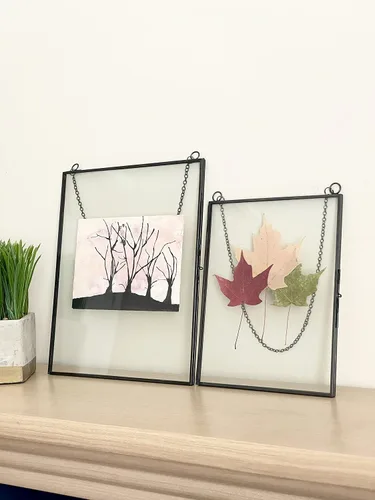 Miniatura 4 de Beedecor Juego de 2 marcos colgantes de vidrio doble para flores prensadas, hojas y obras de arte, marco flotante de metal grande con cadena, marcos
