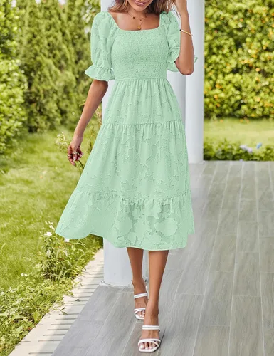 Miniatura 8 de MEROKEETY Vestido midi escalonado de verano para mujer, manga corta abombada, cuello cuadrado, floral, texturizado, escalonado