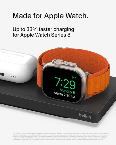 Miniatura 2 de Belkin MagSafe - Almohadilla de carga inalámbrica 3 en 1, carga inalámbrica rápida para Apple Watch, iPhone 17, iPhone 16, iPhone 15, iPhone 14 Negro