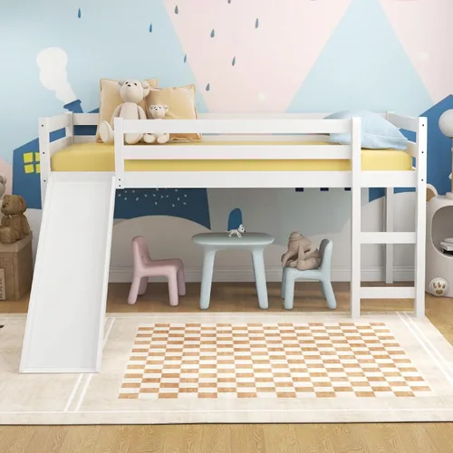 Miniatura 3 de DORTALA Cama alta individual con tobogán, marco de cama individual para niños, niños pequeños, jóvenes, cama baja con tobogán, escalera, rieles