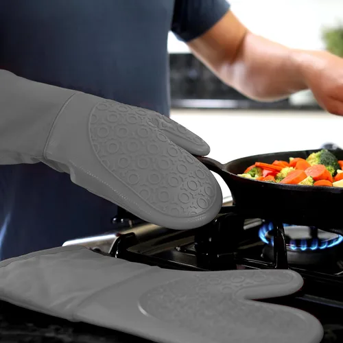 Miniatura 9 de Guantes de horno de silicona con forro de algodón acolchado – profesional resistente al calor olla de cocina soportes – 1 par Gris