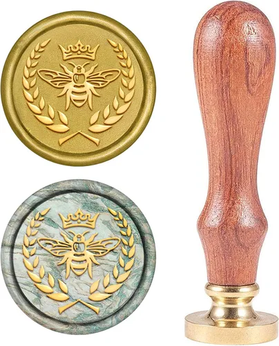 CRASPIRE Sello de Cera de Abeja Corona Sellos Vintage de Cera de Sellado 25mm Redondo Cabeza de Latón Extraíble Sello de Sellado con Mango de Madera