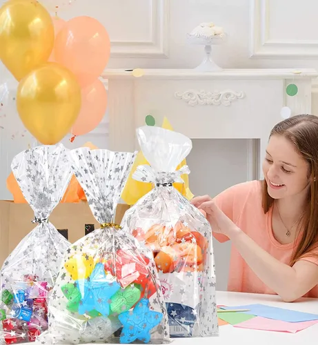 Miniatura 7 de 100 bolsas de regalo de celofán con estampado de estrellas, de 6 x 10 pulgadas, bolsas de regalo de celofán, bolsas de regalo de fiesta, bolsas