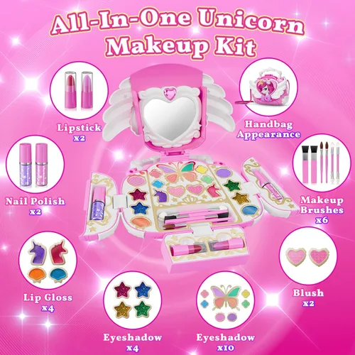 Miniatura 3 de Kit de maquillaje de unicornio para niños con espejo y correa, juego de cosméticos lavable real, bolso de maquillaje de unicornio lindo todo en 1