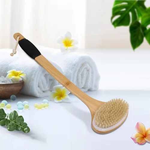 Miniatura 7 de OWIIZI Cepillo de limpieza de espalda para ducha, cerdas de jabalí rígidas de bambú, curvadas de mango largo, cepillo de baño antideslizante