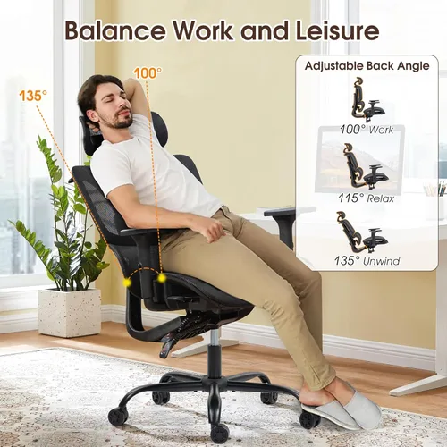 Miniatura 5 de Silla de oficina ergonómica con soporte lumbar ajustable, reposabrazos y reposacabezas 3D, silla reclinable de 135° con base de acero grande, silla