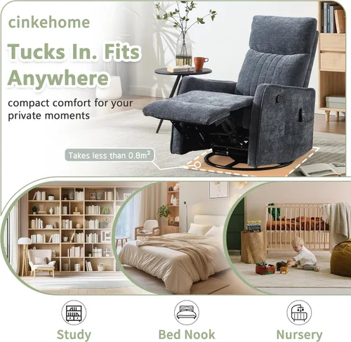 Miniatura 8 de cinkehome Silla Reclinable Mecedora Giratoria con Masaje y Calefacción para Guardería - Silla Reclinable de Espacio Pequeño con Soporte Lumbar, Giro
