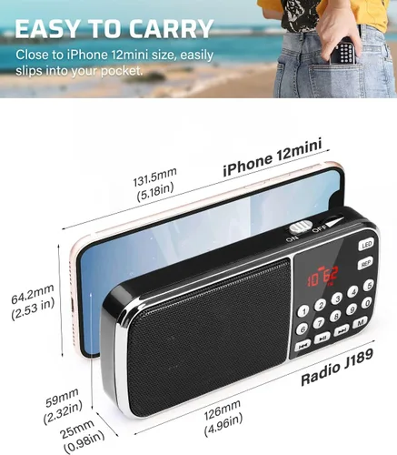 Miniatura 2 de PRUNUS J-189 Radio FM Bluetooth AM, radio portátil de bolsillo pequeño con doble altavoz graves pesados, radios de bolsillo PRUNUS J-777 portátil AM