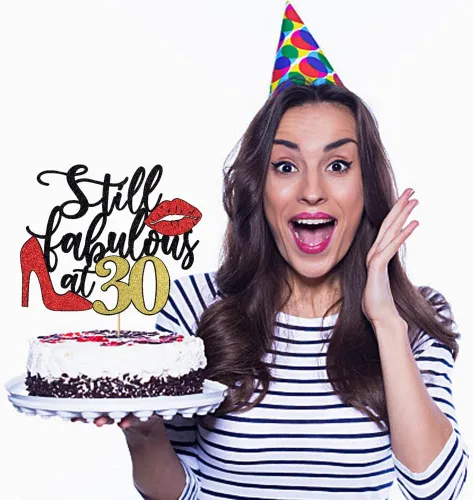 Miniatura 4 de Still Fabulous at 30 - Decoración para tartas de feliz cumpleaños de 30 años, tacones altos de reina con labios rojos grandes, decoración