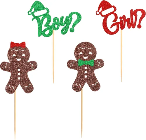 Miniatura 8 de Ercadio Paquete de 24 adornos de jengibre para cupcakes de niño o niña para Navidad, adornos de jengibre de Navidad para cupcakes de niño o niña