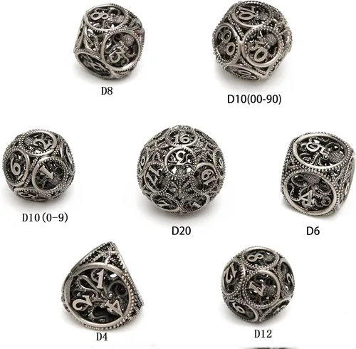 Miniatura 4 de Dados DND, dados de metal huecos D&D, juego de dados de mazmorras y dragones con caja de regalo, 7 piezas de juegos de dados poliédricos steampunk