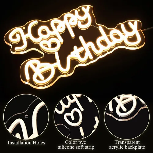 Miniatura 3 de Retisee Letrero de neón de feliz cumpleaños, luz LED blanca cálida, luz USB, fondo iluminado ajustable, brillo ajustable, decoración de pared