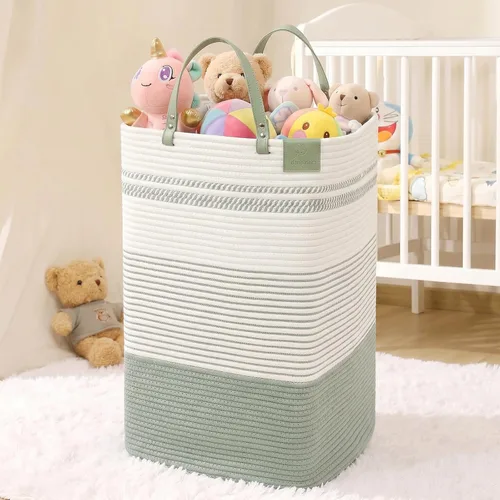 Miniatura 16 de danpinera Cesta Grande de Lavandería – Cesta de Almacenamiento Tejida de Algodón Alto de 75L con Asas de Cuero, Cesta de Ropa Sucia Esbelta, Cesta